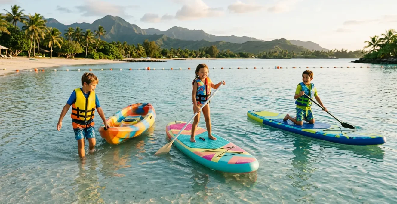 Enfants en gilets de sauvetage colorés pratiquant des activités nautiques dans une eau calme et claire