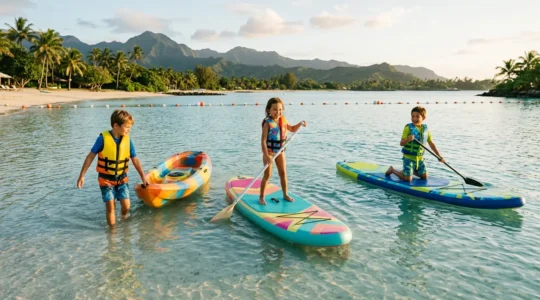 Enfants en gilets de sauvetage colorés pratiquant des activités nautiques dans une eau calme et claire