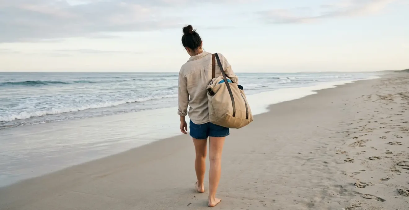 Photo éditoriale d'un cabas de plage causant des tensions cervicales par son portage inapproprié