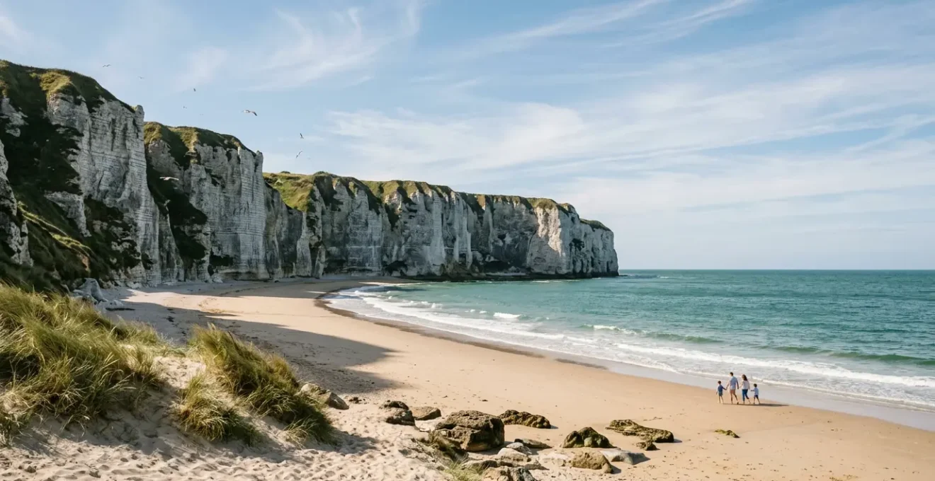 Vue panoramique des côtes de la Manche avec plage de sable et falaises en été sous un ciel clair