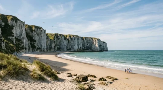 Vue panoramique des côtes de la Manche avec plage de sable et falaises en été sous un ciel clair