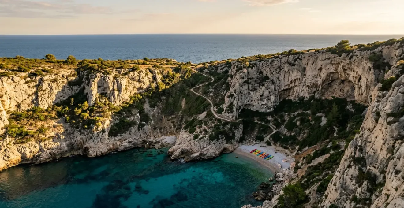 Vue aérienne d'une crique isolée du littoral français accessible uniquement par un sentier étroit