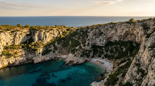 Vue aérienne d'une crique isolée du littoral français accessible uniquement par un sentier étroit