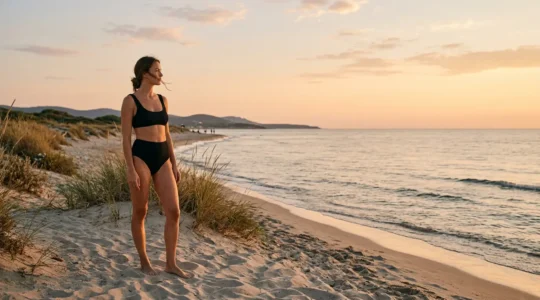 Femme élégante portant un maillot de bain taille haute sur une plage méditerranéenne au coucher du soleil