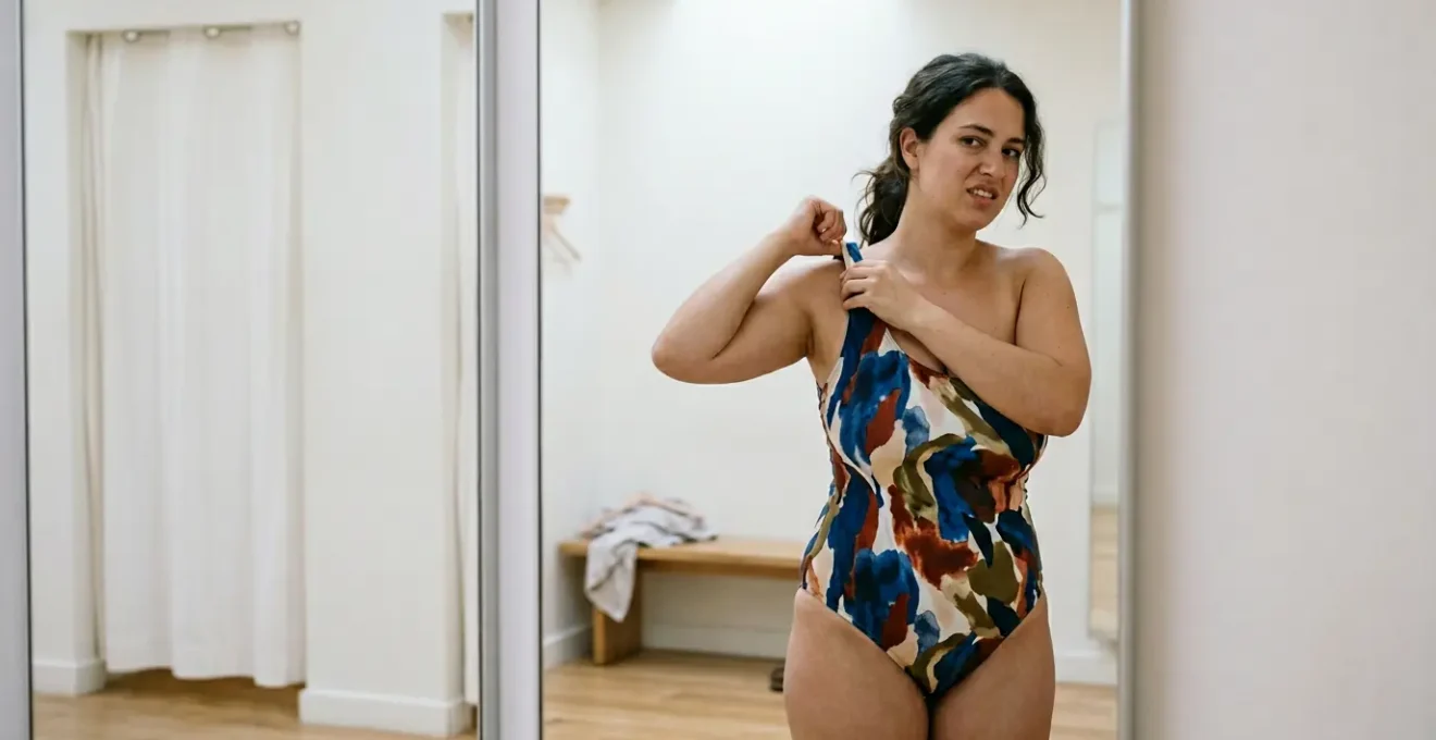 Femme avec forte poitrine portant un maillot asymétrique, vue de trois quarts mettant en évidence la tension de la bretelle unique