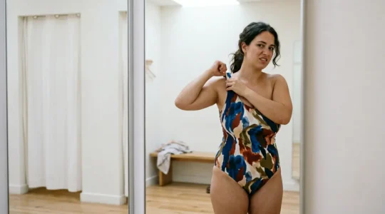 Femme avec forte poitrine portant un maillot asymétrique, vue de trois quarts mettant en évidence la tension de la bretelle unique