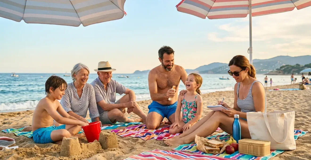 Une famille heureuse sur une plage avec parasol et équipements de plage bien organisés
