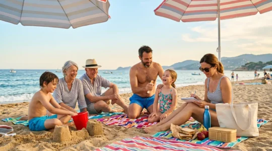 Une famille heureuse sur une plage avec parasol et équipements de plage bien organisés