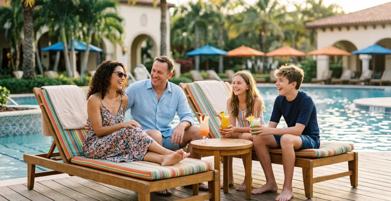 Une famille joyeuse au bord d'une piscine de resort avec palmiers et parasols colorés
