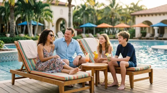 Une famille joyeuse au bord d'une piscine de resort avec palmiers et parasols colorés
