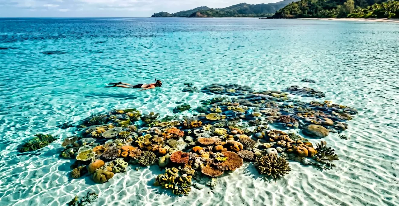 Plongeur observant des coraux dans un lagon turquoise cristallin