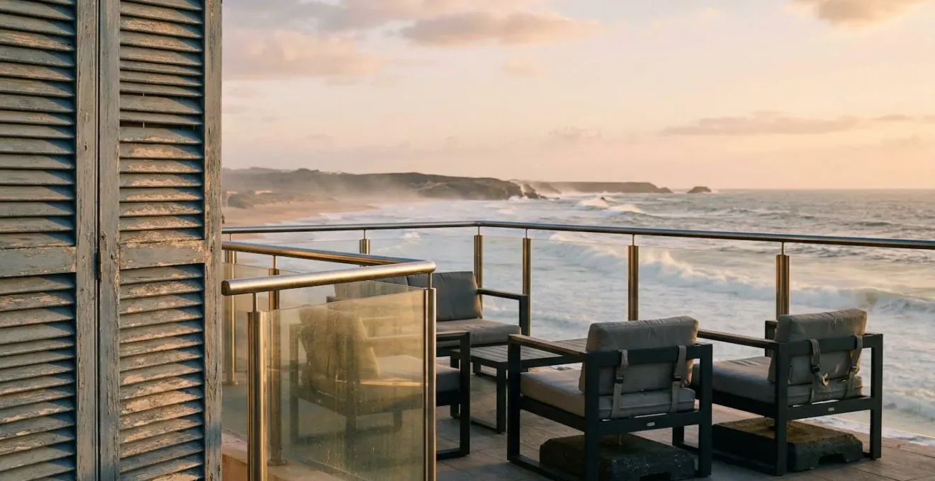 Vue panoramique d'un appartement en bord de mer avec balcon face aux vagues et équipements anti-corrosion