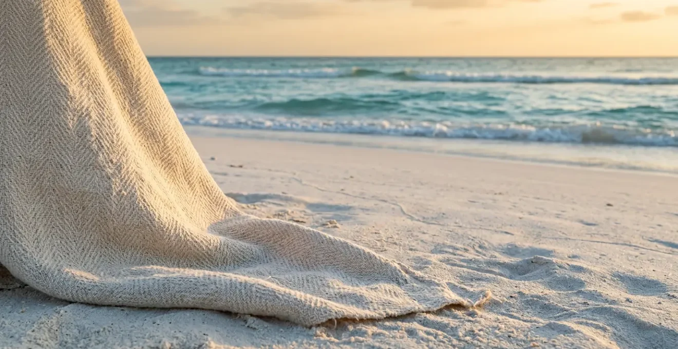 Maillot de bain en tissu texturé durable sur sable blanc avec vagues océaniques en arrière-plan
