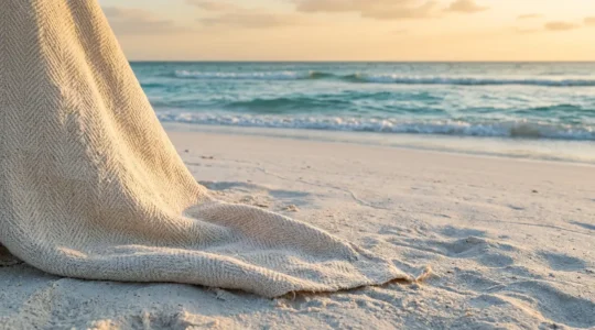 Maillot de bain en tissu texturé durable sur sable blanc avec vagues océaniques en arrière-plan