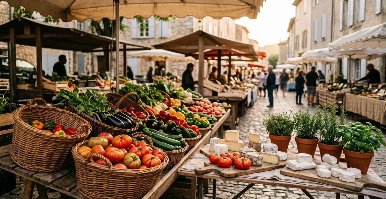 Étal de marché français avec des légumes colorés et des fromages locaux
