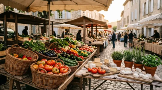 Étal de marché français avec des légumes colorés et des fromages locaux