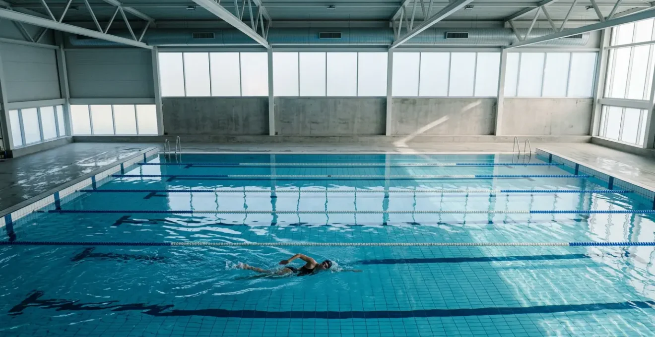 Nageur professionnel en pleine performance dans une piscine olympique avec équipement de natation haute performance