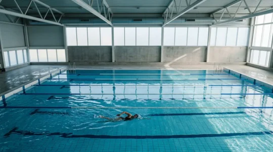 Nageur professionnel en pleine performance dans une piscine olympique avec équipement de natation haute performance