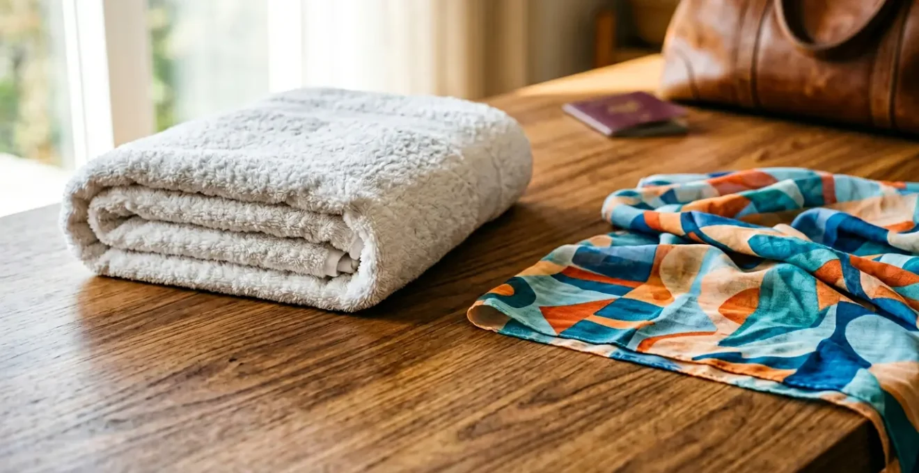 Paréo coloré plié élégamment à côté d'une serviette épaisse dans un contexte de voyage minimaliste