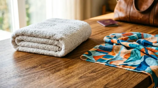 Paréo coloré plié élégamment à côté d'une serviette épaisse dans un contexte de voyage minimaliste