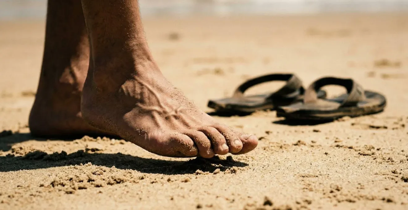 Vue rapprochée de pieds marchant sur le sable avec des tongs abandonnées en arrière-plan