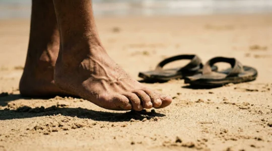 Vue rapprochée de pieds marchant sur le sable avec des tongs abandonnées en arrière-plan