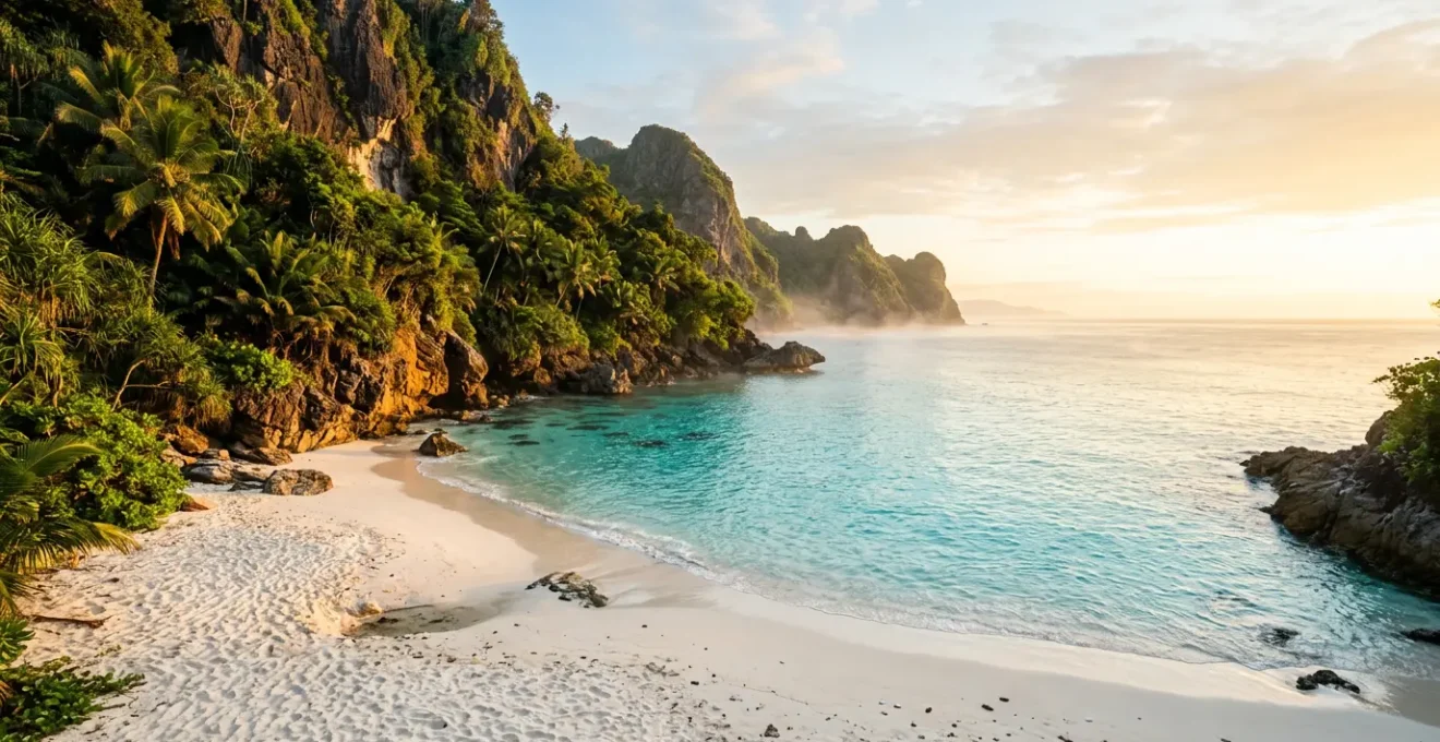 Crique isolée aux eaux turquoise entourée de falaises verdoyantes avec une plage de sable blanc déserte
