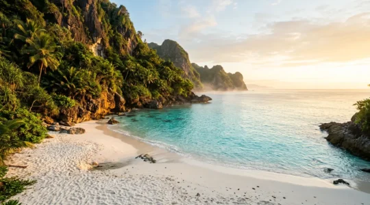 Crique isolée aux eaux turquoise entourée de falaises verdoyantes avec une plage de sable blanc déserte