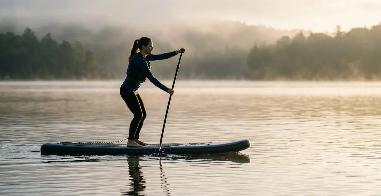 Pratiquant de paddle en position correcte sur plan d'eau calme au lever du soleil