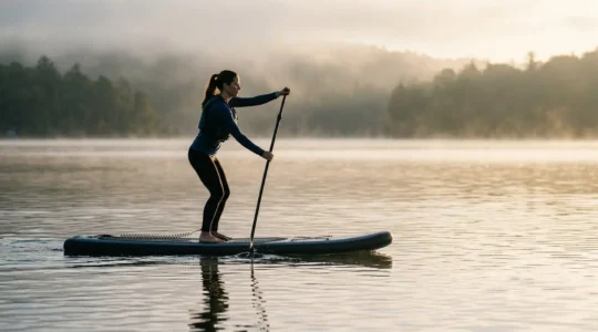 Pratiquant de paddle en position correcte sur plan d'eau calme au lever du soleil