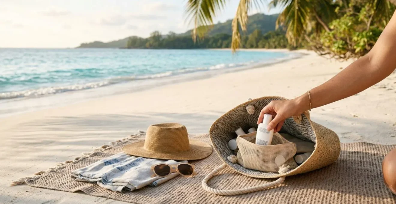 Voyageur appliquant une crème solaire sur une plage paradisiaque sous un parasol