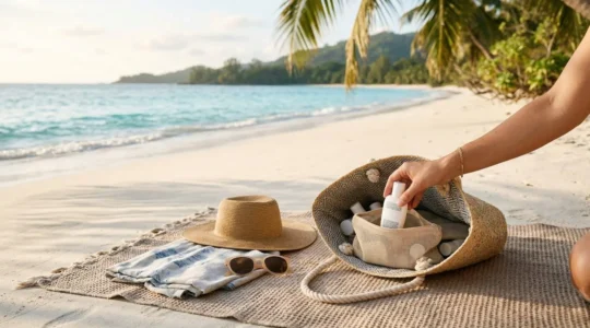 Voyageur appliquant une crème solaire sur une plage paradisiaque sous un parasol