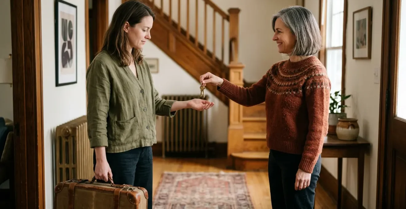 Un voyageur et son hôte discutant dans l'entrée d'une maison avec des valises et un sourire bienveillant