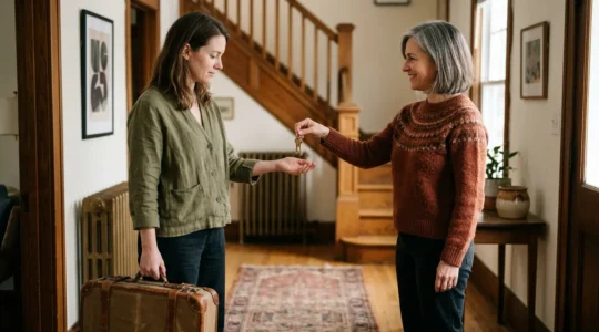 Un voyageur et son hôte discutant dans l'entrée d'une maison avec des valises et un sourire bienveillant