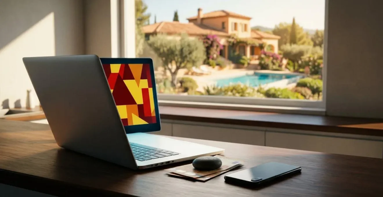 Vue d'ensemble d'un ordinateur portable montrant des signaux d'alerte sur fond de villa de vacances floue