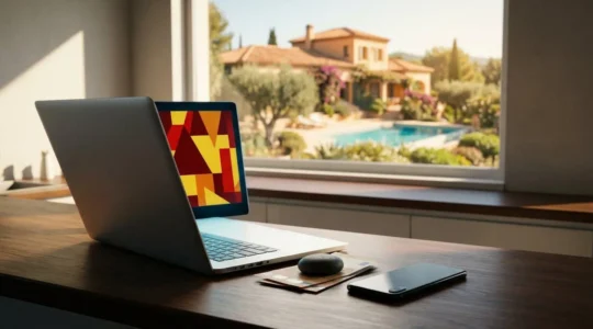 Vue d'ensemble d'un ordinateur portable montrant des signaux d'alerte sur fond de villa de vacances floue