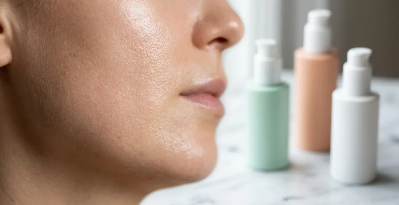 Gros plan sur une peau radieuse et hydratée avec trois produits cosmétiques minimalistes disposés harmonieusement