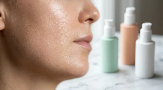 Gros plan sur une peau radieuse et hydratée avec trois produits cosmétiques minimalistes disposés harmonieusement