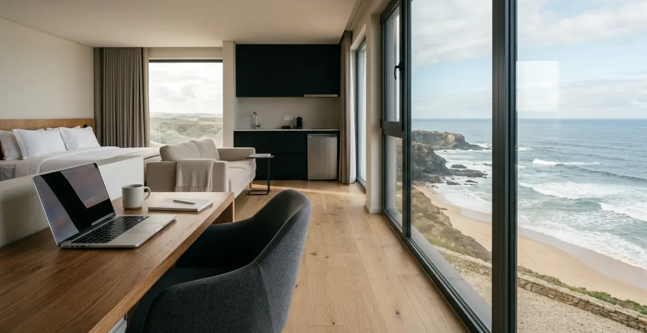 Suite hôtelière moderne avec vue sur l'océan Atlantique, bureau aménagé et cuisine équipée, baignée par la lumière naturelle