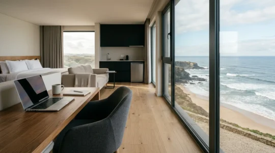 Suite hôtelière moderne avec vue sur l'océan Atlantique, bureau aménagé et cuisine équipée, baignée par la lumière naturelle