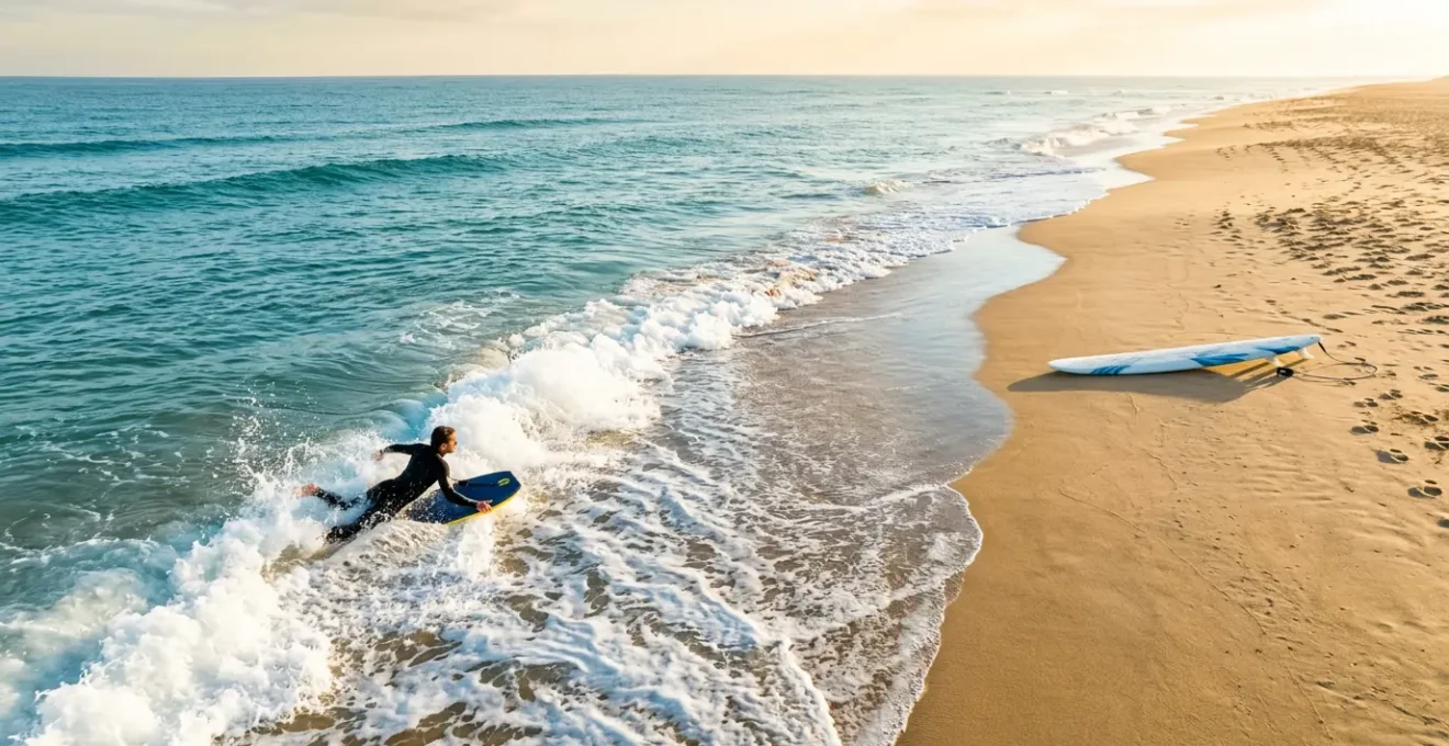Vue aérienne d'une personne allongée sur un bodyboard bleu dans une vague mousseuse, avec une planche de surf visible sur le sable doré à proximité