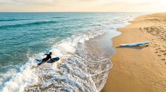 Vue aérienne d'une personne allongée sur un bodyboard bleu dans une vague mousseuse, avec une planche de surf visible sur le sable doré à proximité