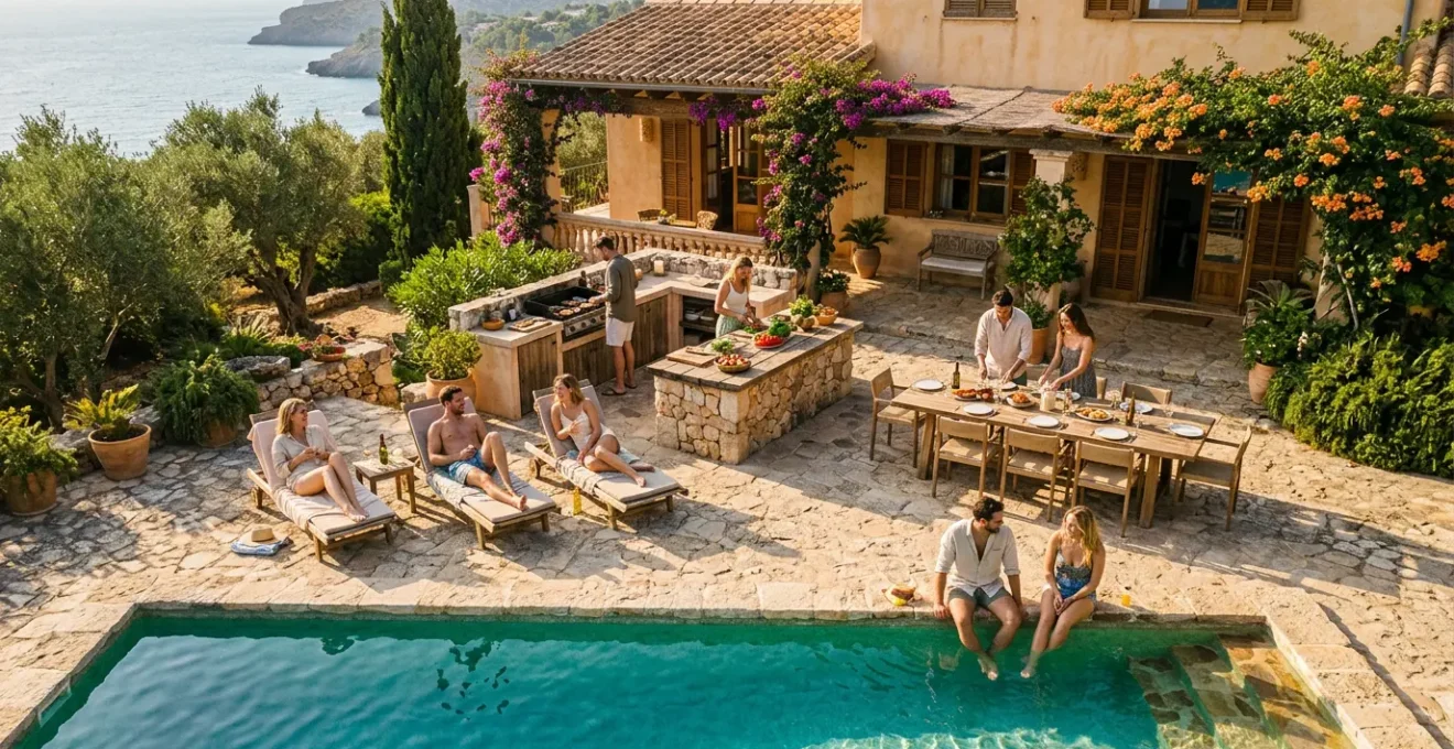 Groupe d'amis détendus autour d'une piscine de villa en été avec table de jardin et apéritif