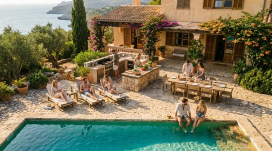 Groupe d'amis détendus autour d'une piscine de villa en été avec table de jardin et apéritif