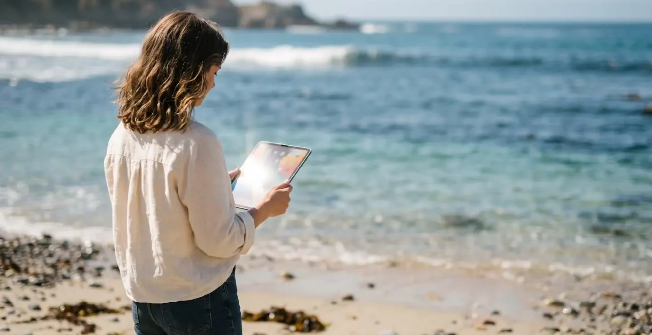 Personne consultant une carte sur tablette numérique face à la mer, analysant les zones de baignade