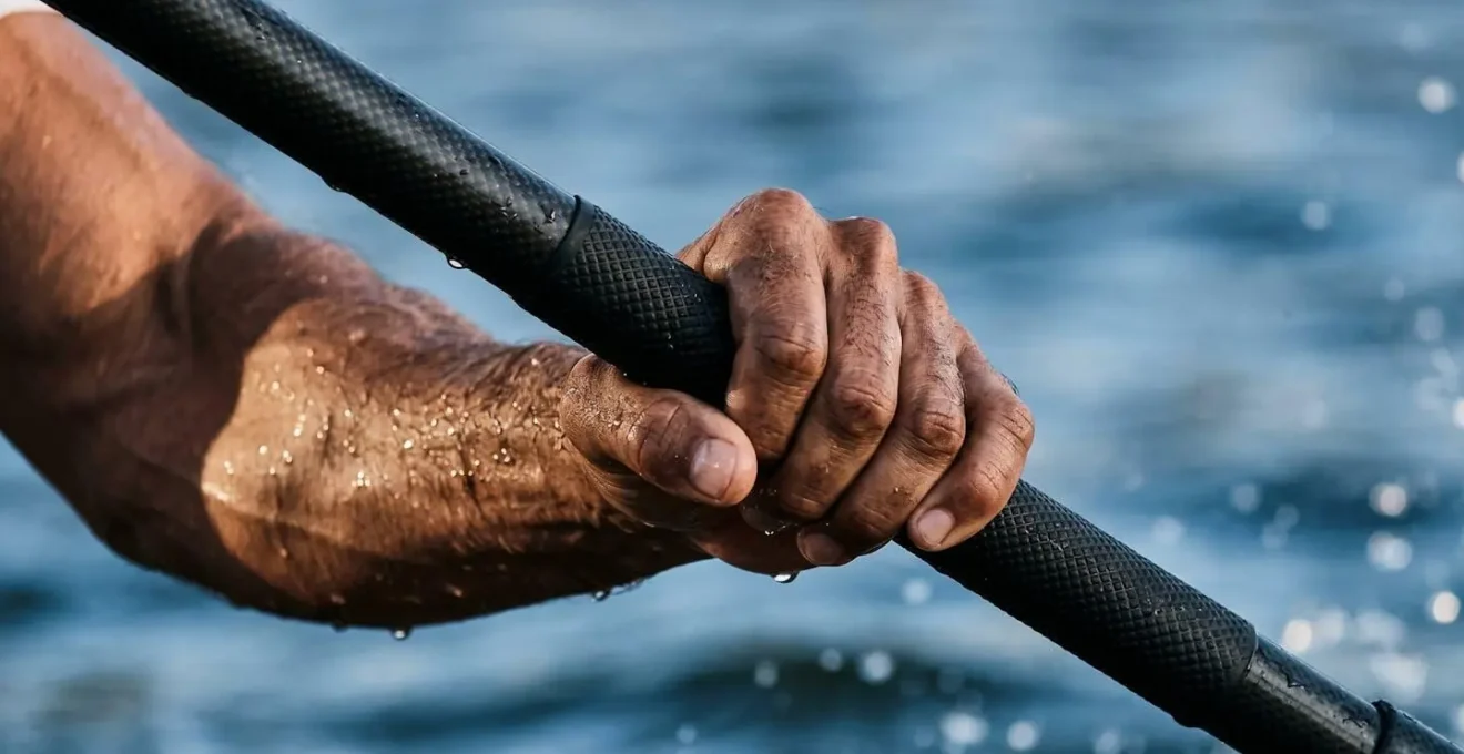 Gros plan macro sur les muscles du tronc et les mains tenant une pagaie avec technique correcte