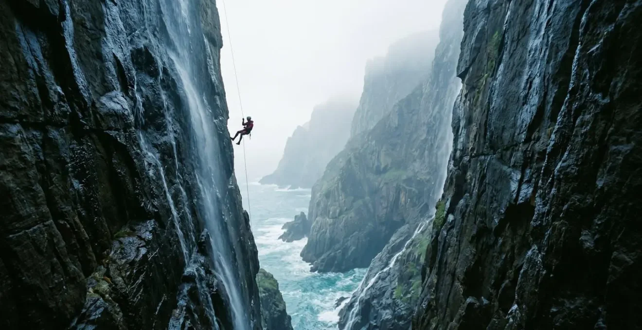 Personne descendant en rappel une cascade d'eau de mer entre deux falaises