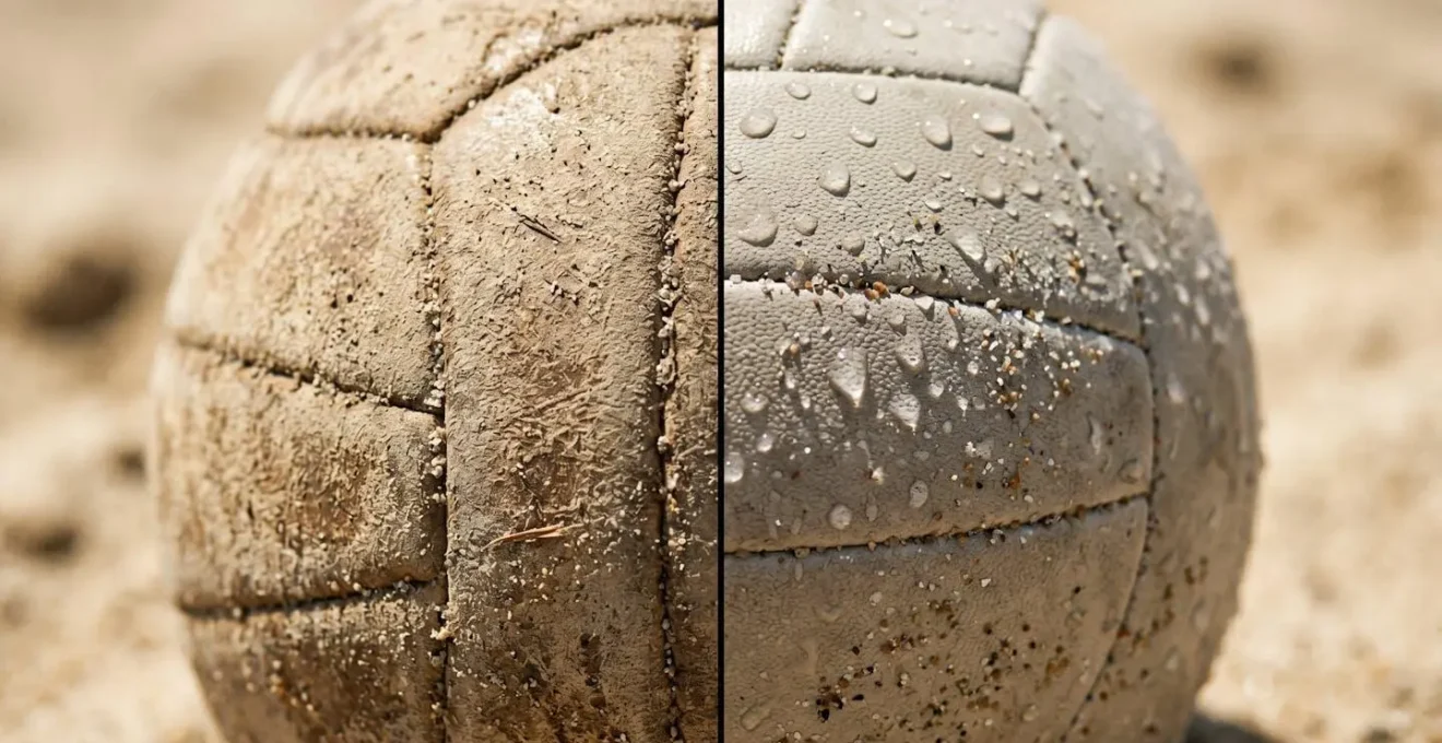 Gros plan macro sur les textures de deux ballons de beach-volley montrant l'usure du sable