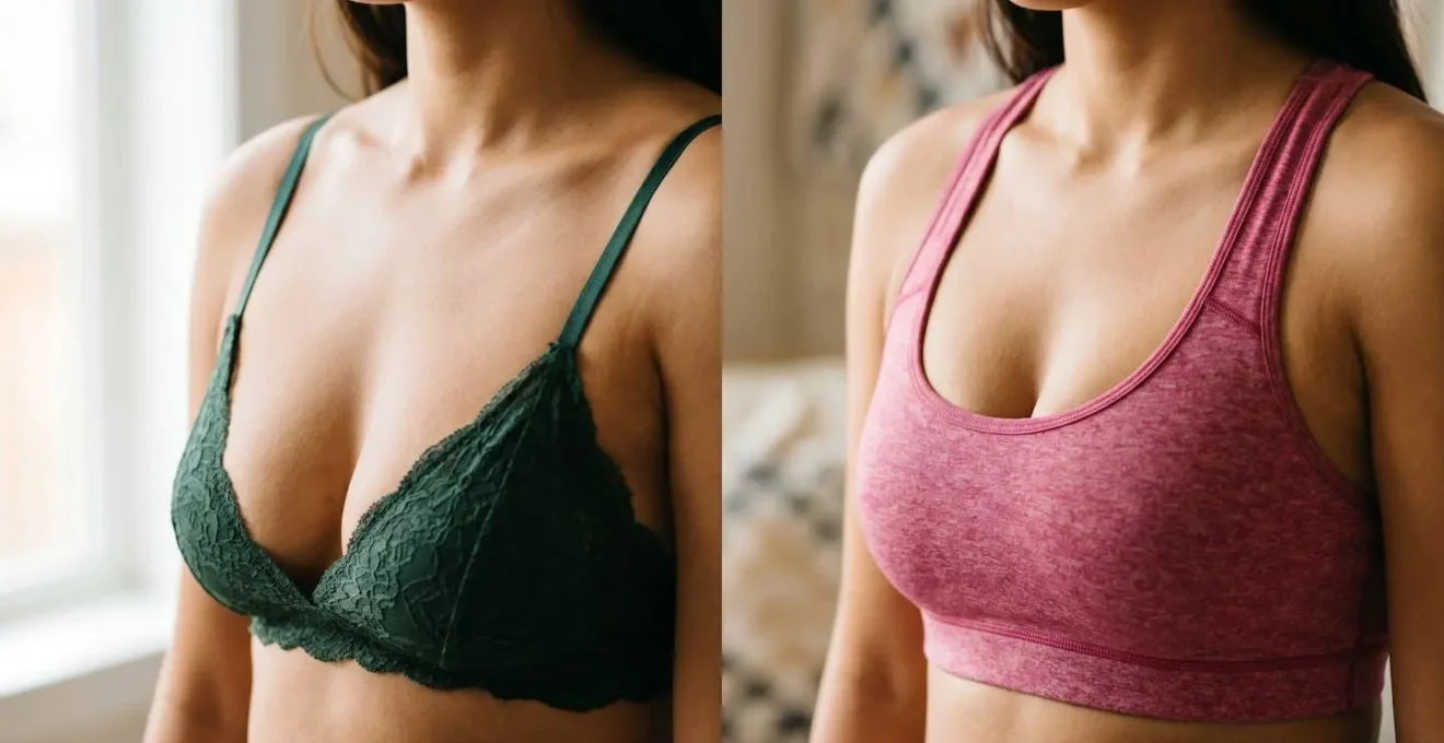 Vue rapprochée comparative de deux styles de hauts de bikini montrant les différences de maintien et de décolleté