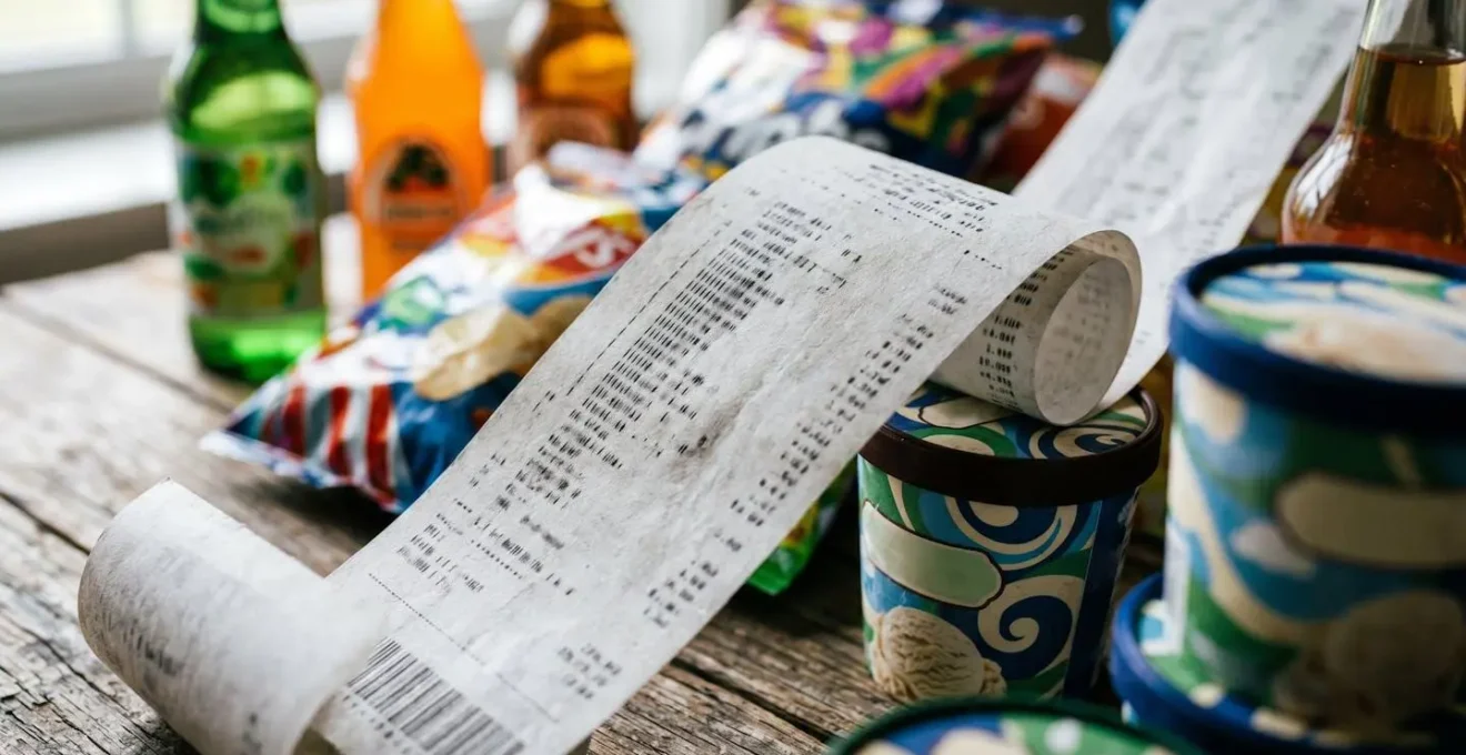 Caddie de supermarché débordant de produits d'été avec calculatrice